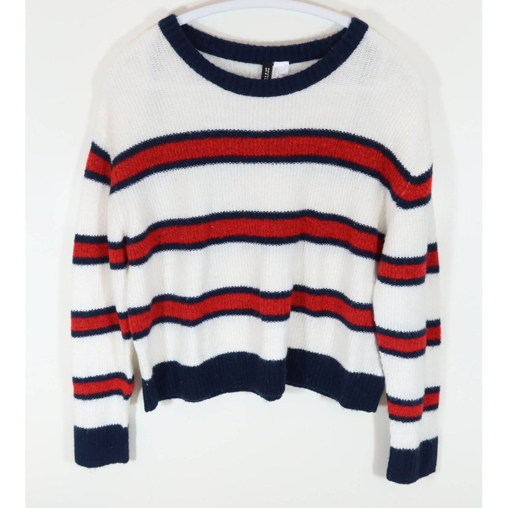 DIVIDED BY H&M Size L Red White Navy Blue Striped Cropped Pullover Sweater - Picture 1 of 5